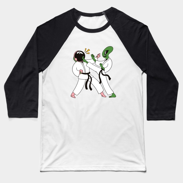 Alien Astronaut Space Karate Baseball T-Shirt by Cosmo Gazoo